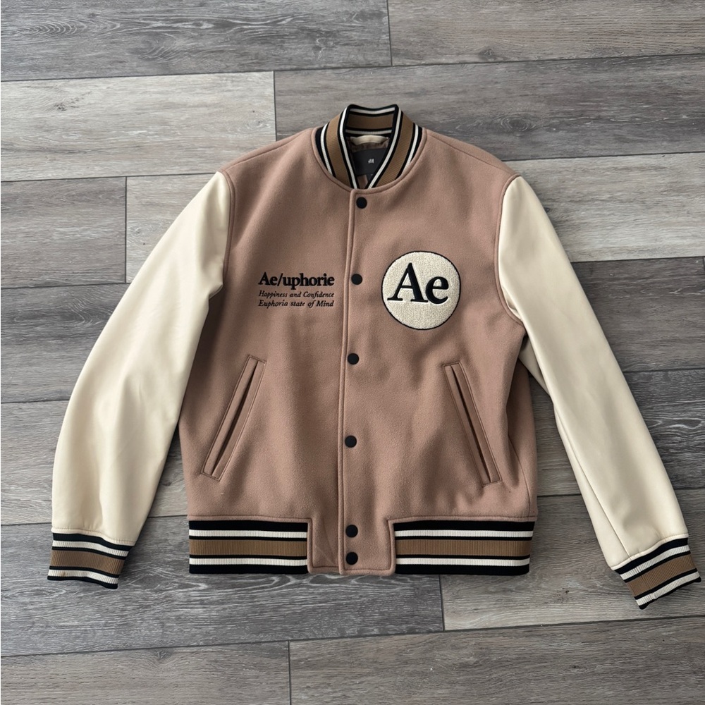 Outfitters Tan and Cream Varsity Jacket